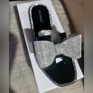 BAMBOO Women's Black and Silver Rhinestone Bow Sandals